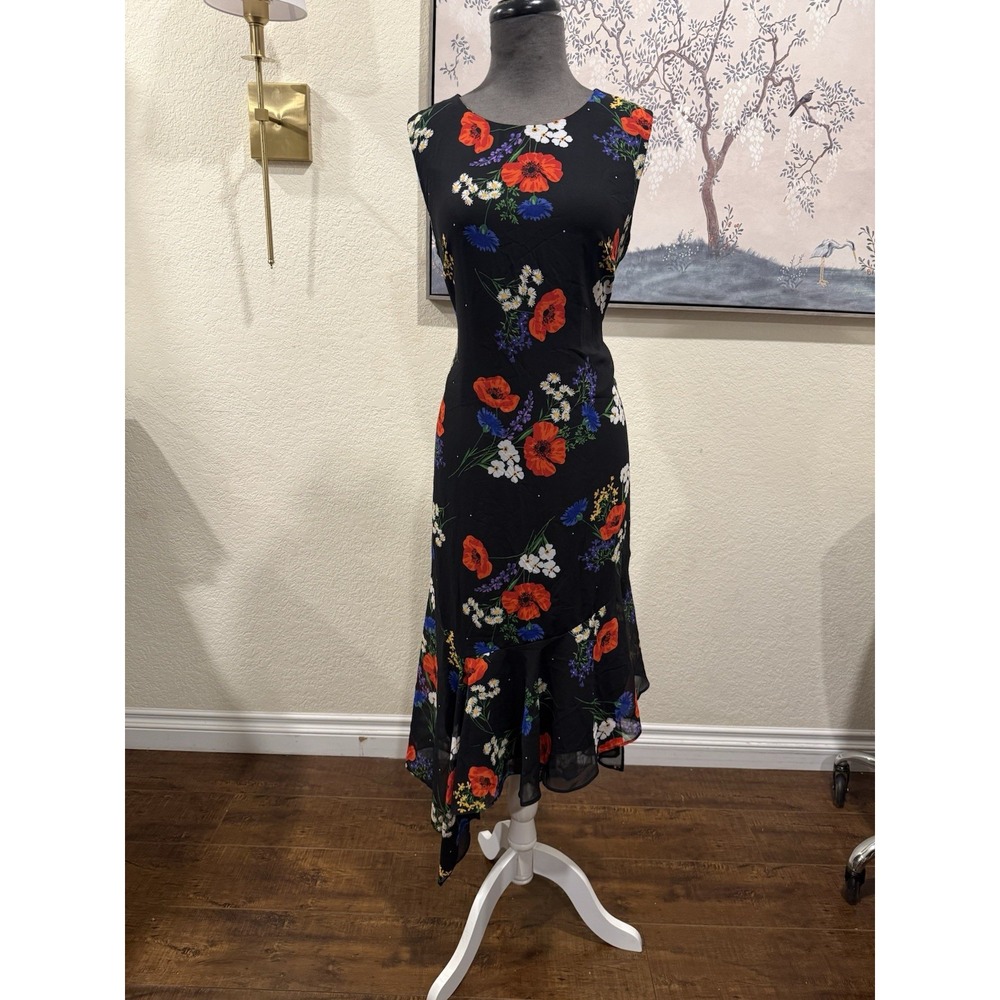 Calvin Klein Floral Poppy Print Asymmetrical Ruffle Hem Midi Dress Black Mens 12
